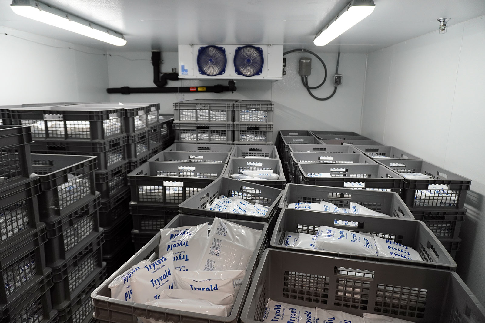 room with crates full of freezer gel packs