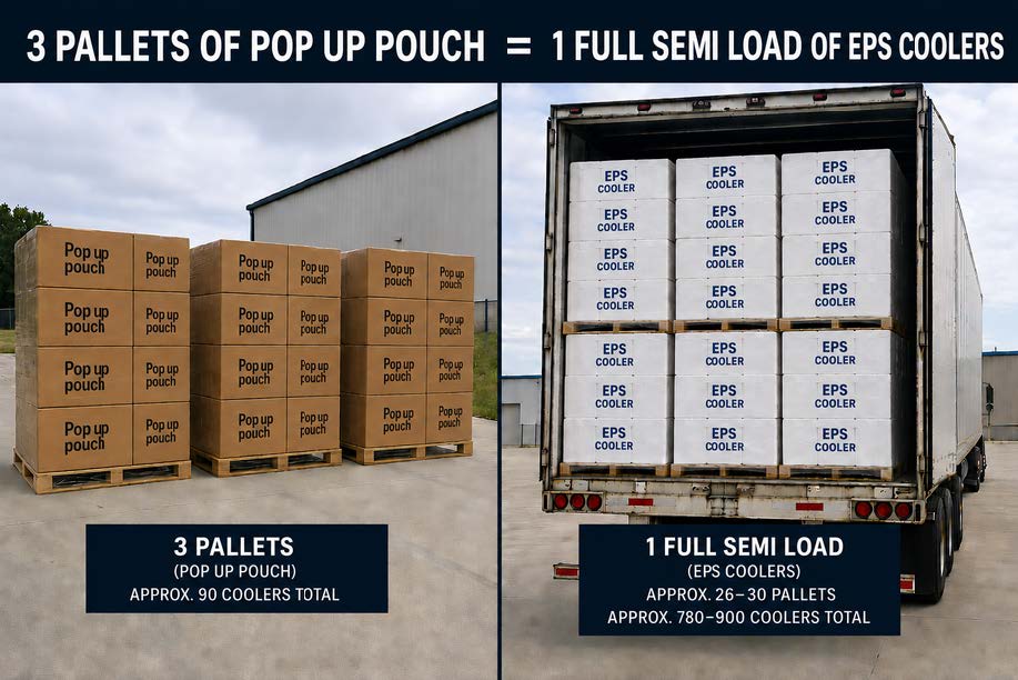 3 pallets of popup pouch (approx. 90 coolers total) = 1 full semi load of EPS Coolers (approx. 26-30 pallets, approx. 780-900 coolers in total)